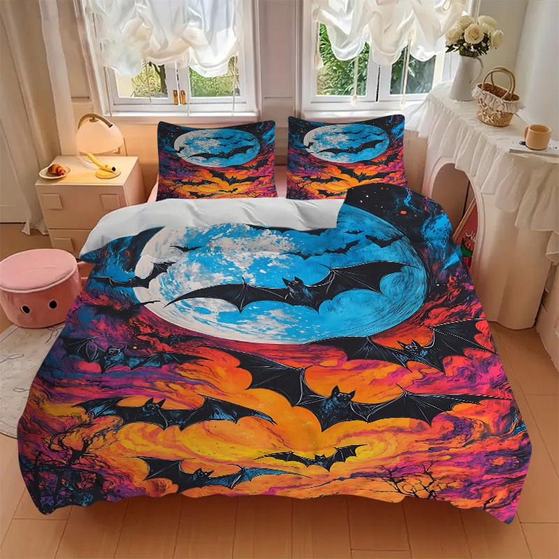 3pc Moonlit Bats Terrifying Cover Set - 1 Quilt Cover + 2 Pillowcases, All Seasons Bedroom Setting, Perfect for Home072