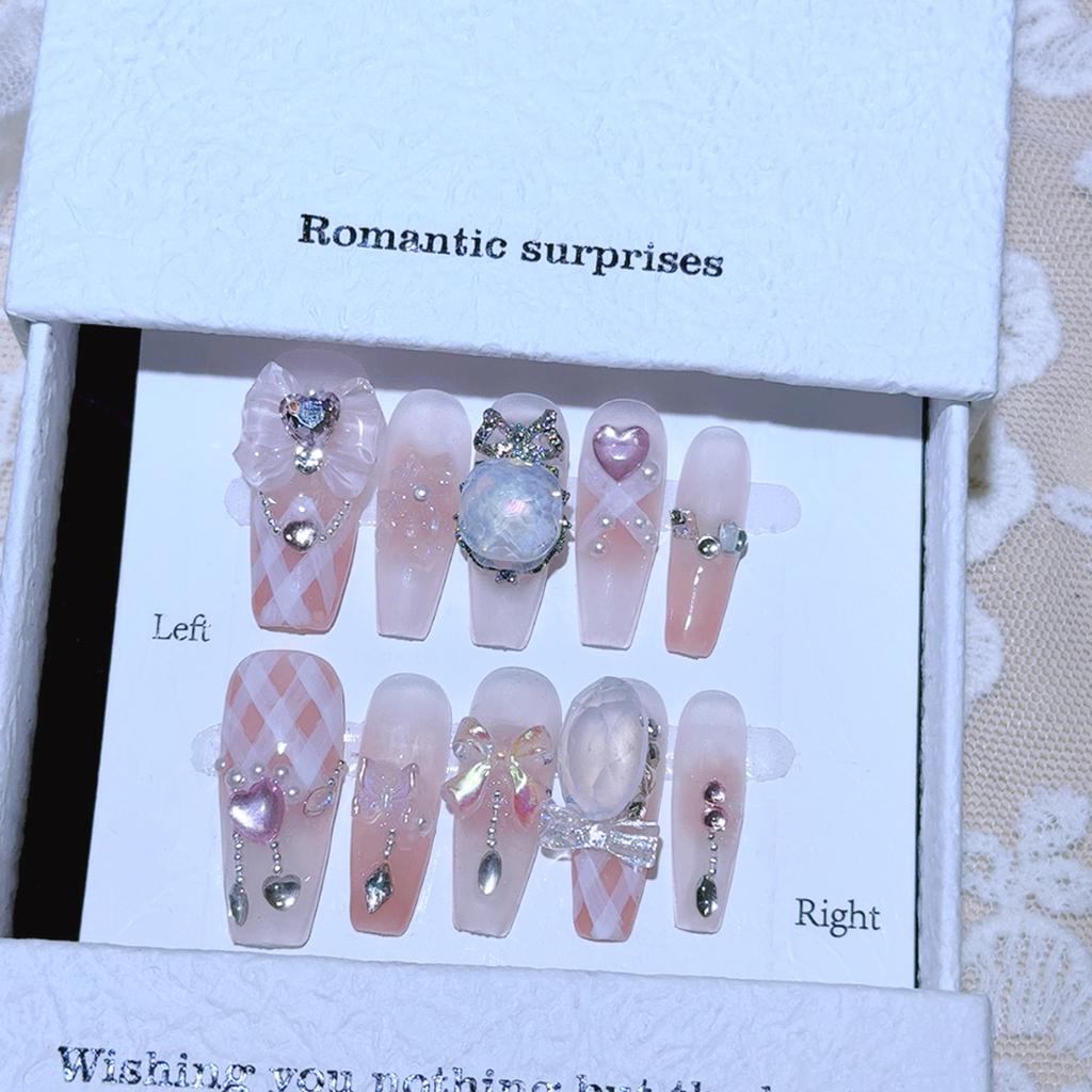10Pcs Artificial Nails With Plaid Bowknot Pearl Heart Rhinestone Handmade Design For Women