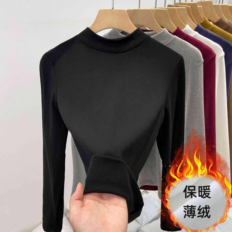A thin velvet warm small stand-up collar bottoming shirt for women's autumn and winter simple slim and thin long-sleeved shirt