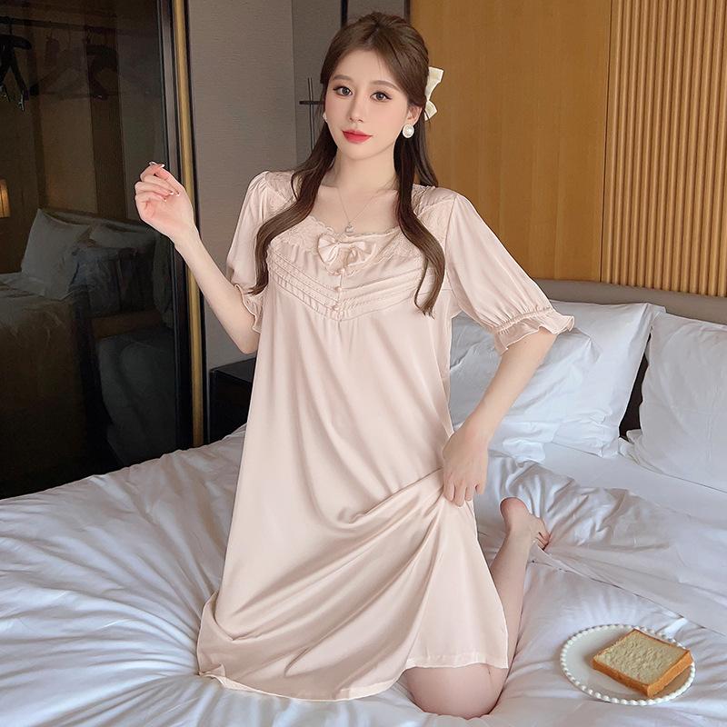WENS Summer Gentle Lady Temperament Silky Soft Extra Soft Silk Medium and Long Nightgown Women's Elegant Luxury Loungewear