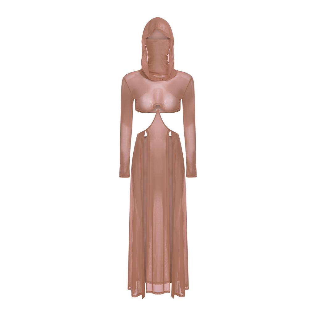 Women Sheer Maxi Dress High Slit Design Hooded Face Cover Long Sleeves Hollow Out Mesh Coverup Gown