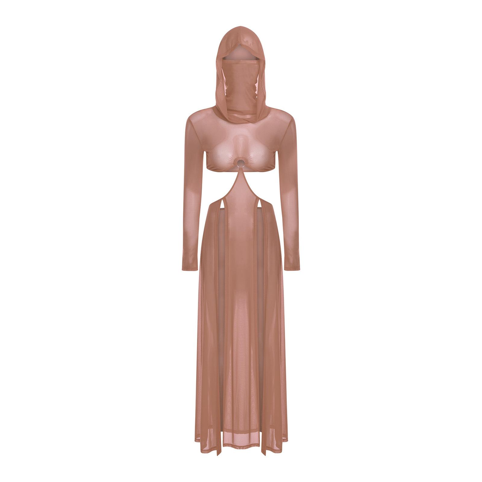 

Womens Sheer Dress Maxi High Slit Long Sleeves Hooded Face Mask Dress S тілесний