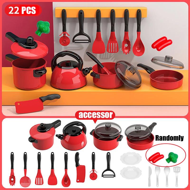 Kids Toys Pretend Play Red Kitchen Toys Simulation Food Cooking Girl's Boys Educational Play House Interactive Toys for Children