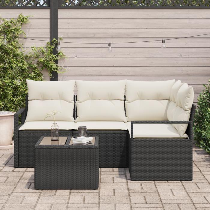 Ensemble de canapé de jardin de 4 pièces avec coussins en rattan poly marron, Canapé de jardin 2 places avec rangement &amp; 3355036