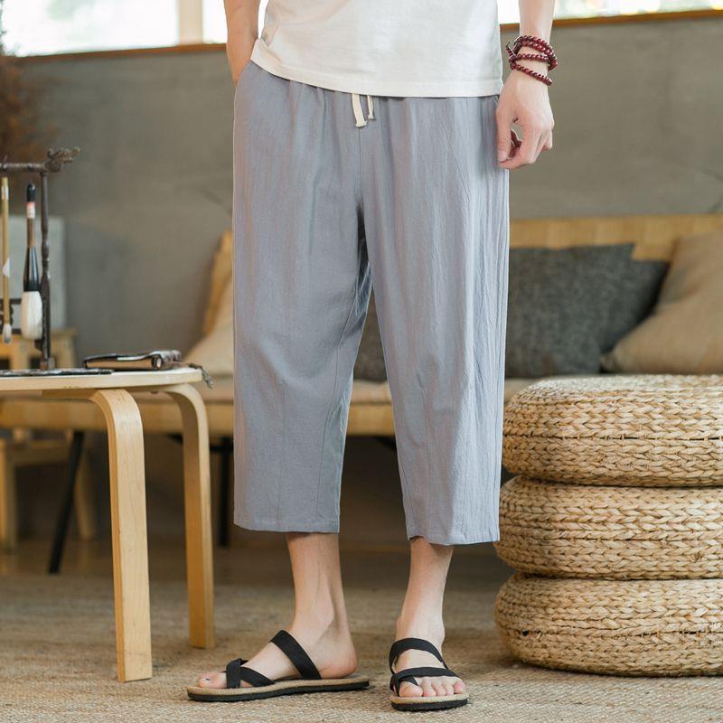 Pánské letní lněné zkrácené kalhoty - tenká bavlna s ledovým hedvábím, délka 7/8, pro teenagery a studenty, volný ležérní střih