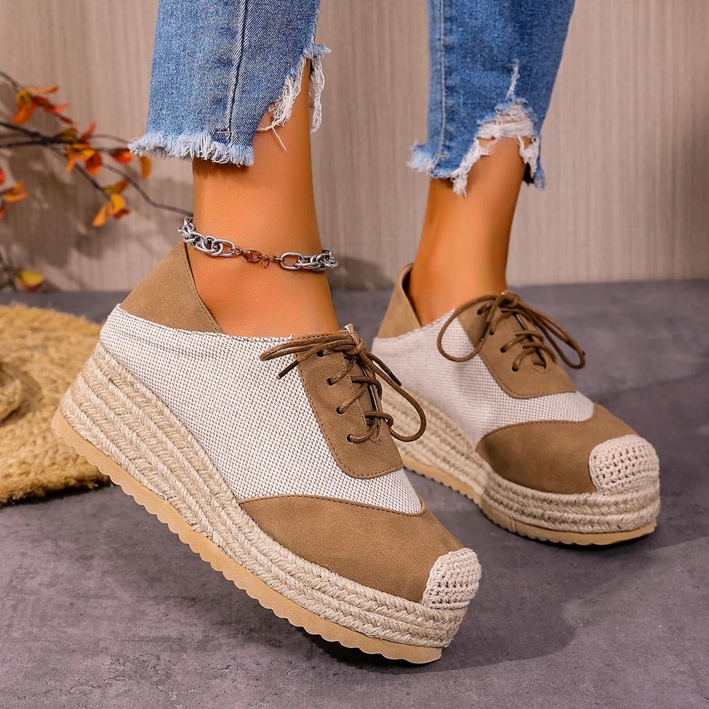 Mixed Color Espadrilles Wedge Shoes for Women Fashion Braided Thick Sole Fisherman Shoes Woman Lace Up Casual Platform Sneakers