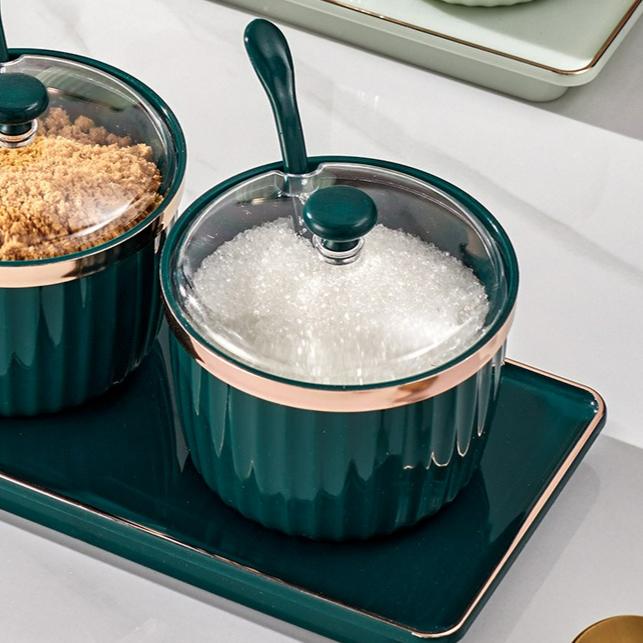 Scatola per condimenti Bottiglie per condimenti Pepe Contenitore per zucchero Ciotola Saliera Barattoli Bottiglia di sesamo con coperchio Accessori da cucina colore verde scuro