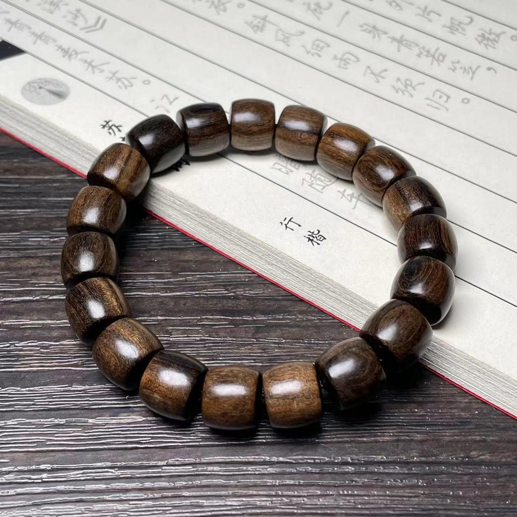 Ethnic Green Sandalwood Straight-Cut Barrel Bead Bracelet, Handmade Unisex Cultural Play Single Loop