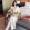 Ice silk nightdress women's long-sleeved pajamas with chest pads Spring and Autumn new pure desire wind knee long dress simulation silk loungewear
