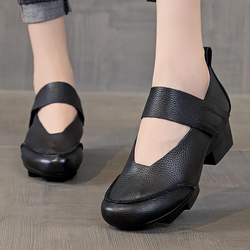 Retro Thick Heel Women Shoes Hook Loop Mary Jane Loafers Luxury 5 Cm Pumps Genuine Leather Sewn Square Heel Single Shoes