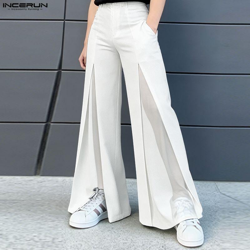 INCERUN Men High Waist Zip-up Side Mesh Patchwork Casual Flare Pants Trousers