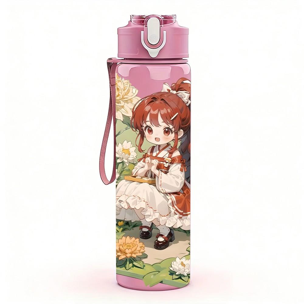 1PC Red Hair Girl Garden Floral Pattern 750ml Color Plastic Sports Water Bottle Leakproof Flip Straw Lid Suitable for Sports Office Home Use