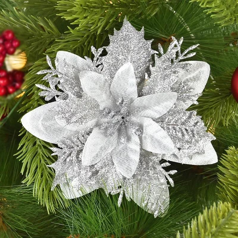 

10pcs 14cm Glitter Artificial Christmas Flowers Christmas Tree Ornaments Merry Christmas Home Decorations New Year Gifts серебряный