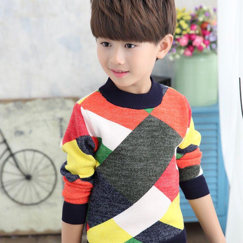 Round Neck Sweater Autumn and Winter Plus Velvet Thickening Inside Warm Sweater Children's Sweater