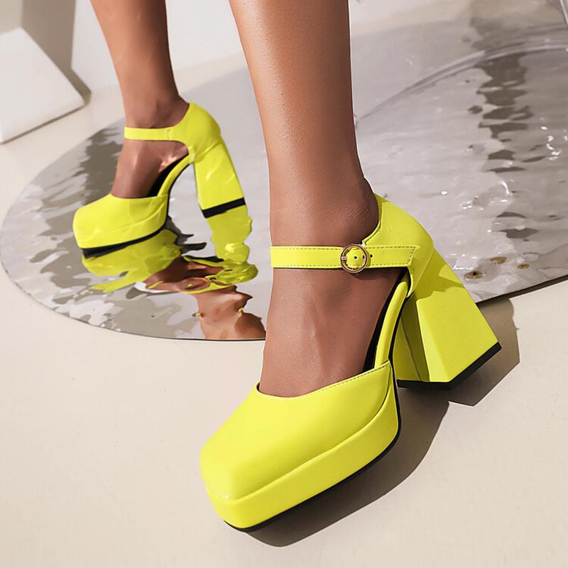 Sepatu Wanita Gesper Hak Tinggi Super Tebal Platform Sandal Kaki Persegi Tali Pergelangan Kaki Kulit Asli Wanita Musim Panas Hitam 2025