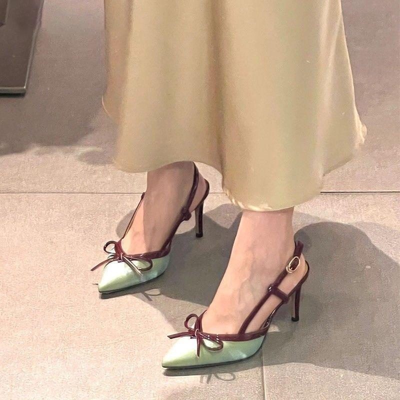 Spring and summer new niche pointed head bow high heel women's shoes fashionable versatile and comfortable bag head sandals women