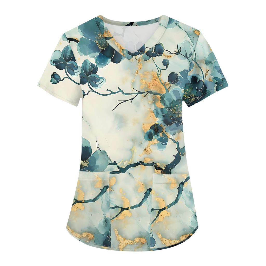 Damesmode werkkleding met V-hals, korte mouwen en bedrukte zakken