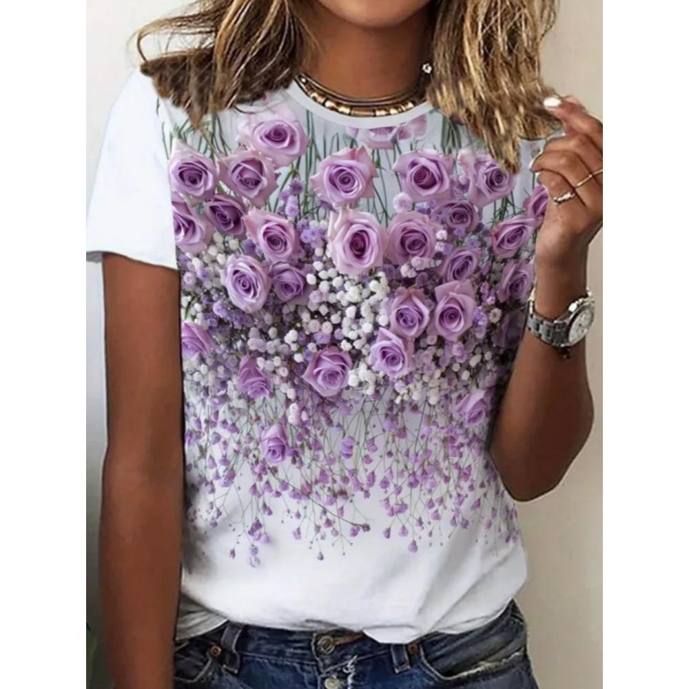 Summer Women T-shirt Creative Flower 3D Printed Short Sleeved T-shirt Fashionable Comfortable Soft Breathable Large Loose T-shirt