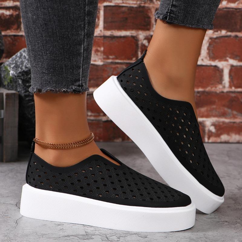 Thick Soled Hollow Breathable Low Top Single Shoe for Women, V-mouth Sponge Cake Set Foot Board Shoes