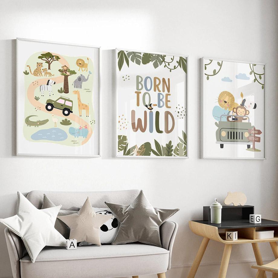 Cute Giraffe Elephant Lion Monkey Car Rainbow Wall Art Canvas Painting Cartoon Posters And Prints Pictures Baby Kids Room Decor