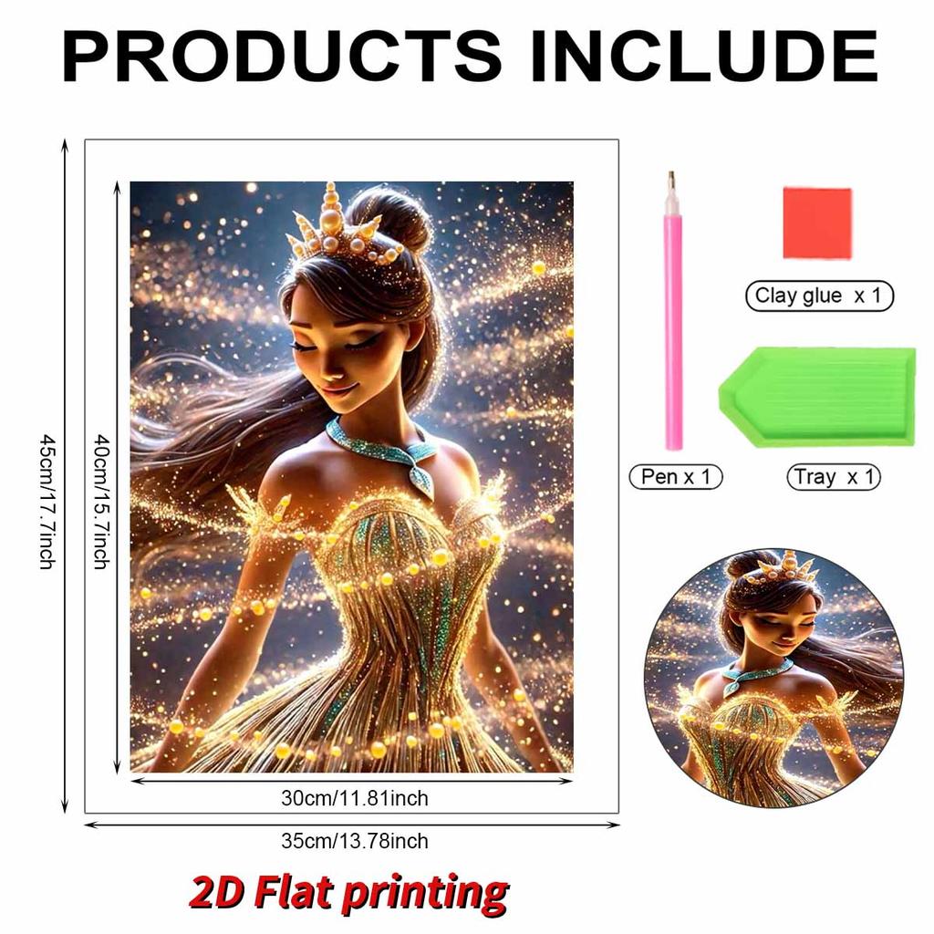 Disney Princess and The Frog Princess Tiana Golden Crown Pearl Painting Starlight Gold Glowing Dress Emerald Necklace Theme Unframed Art Painting