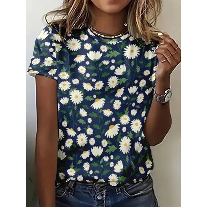 Summer Elegant Temperament Retro 3D Flower Pattern Printed Round Neck Short Sleeved Women's T-shirts