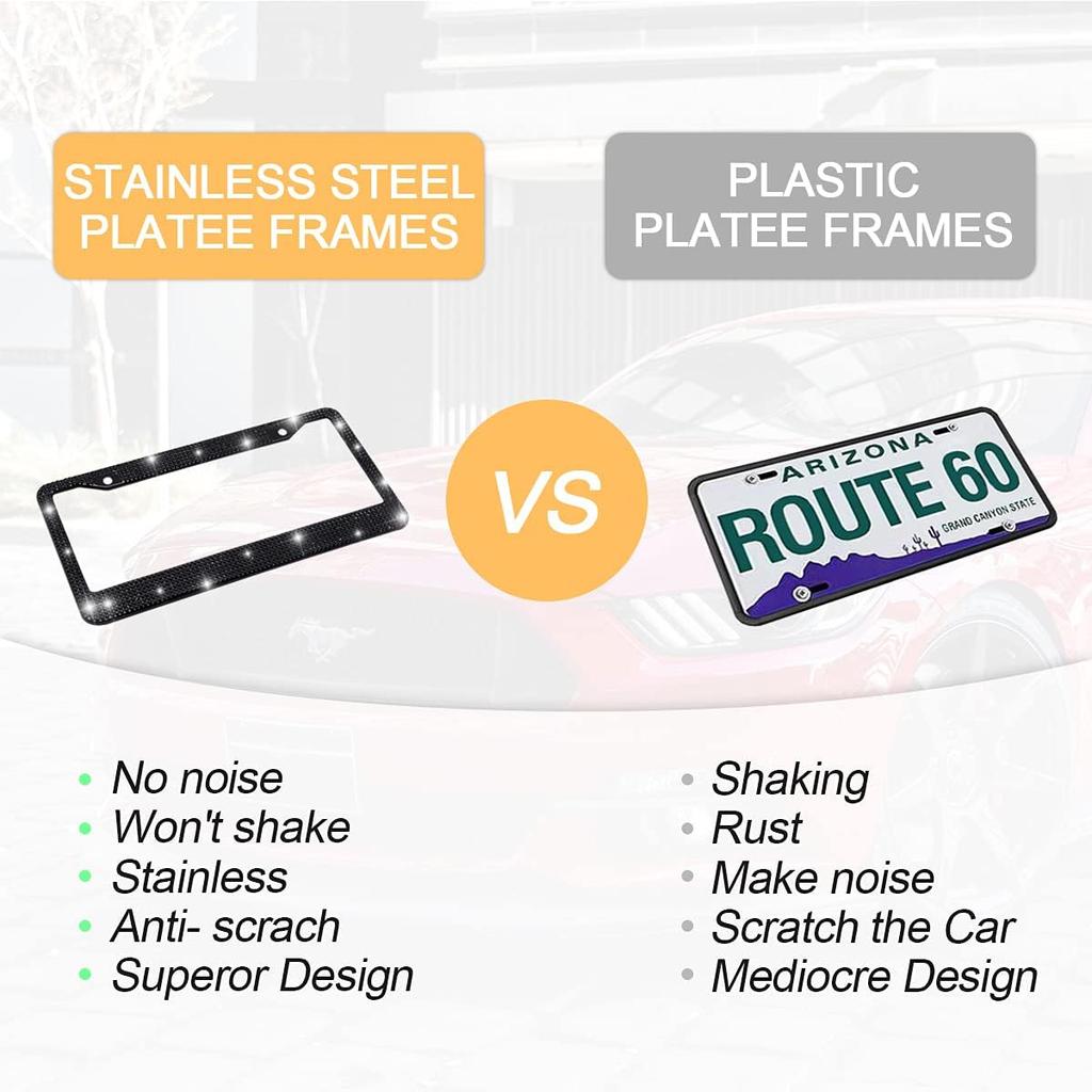 Bling Car License Plate Frame, Handcrafted Crystal Stainless Steel License Plate Frame, Sparkly, Durable, Universal Fit, Car Accessories For Girls,