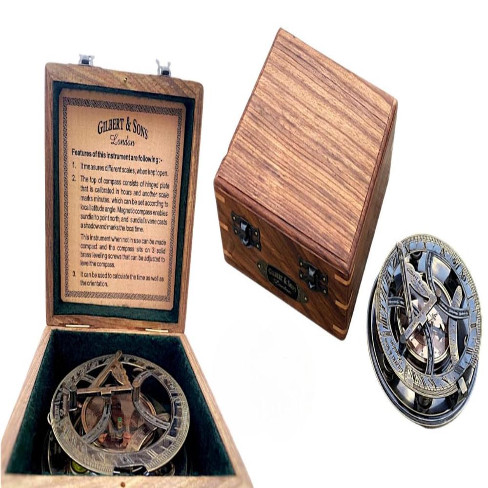 set of 2 -Personalized Brass Nautical Sundial Compass with Handmade Wooden Box