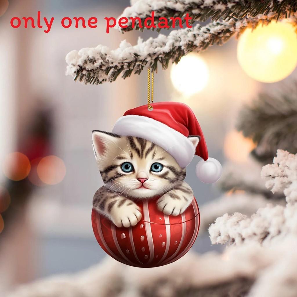 Flat Acrylic Surface Pendant With Cute Cat Wearing Christmas Hat Design Decor