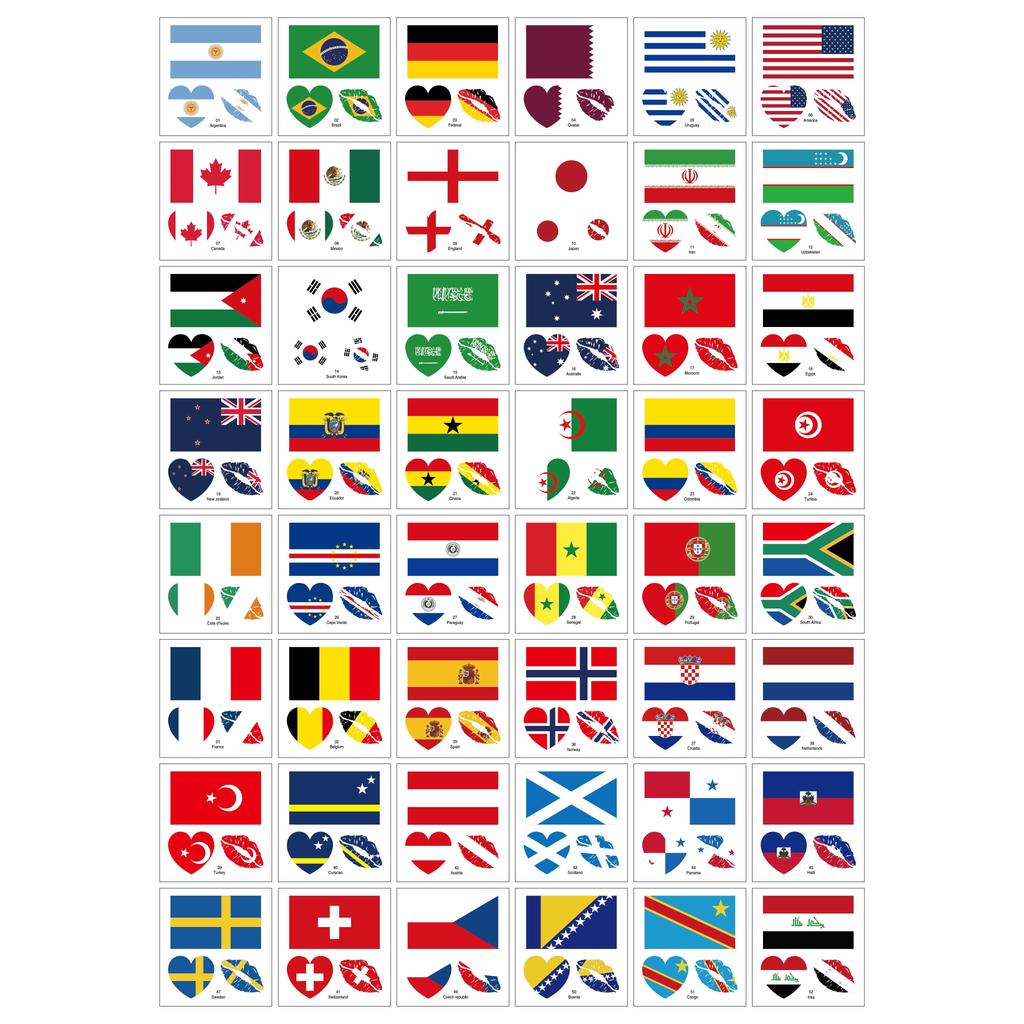 48 Pieces Temporary Tattoos Set Featuring Various National Flags Designs for Body Art and Decoration Suitable for Different Occasions and Events