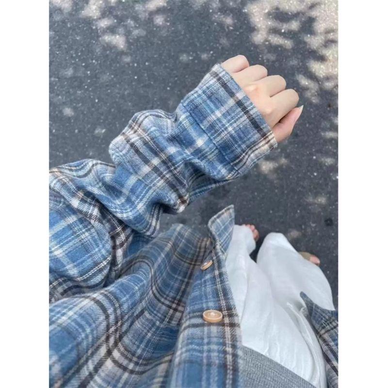 American Vintage Sanding Plaid Shirts Women's Long Sleeve Outerwear 2025 Spring and Autumn Top Blue High-Grade Inner Wear Shirt