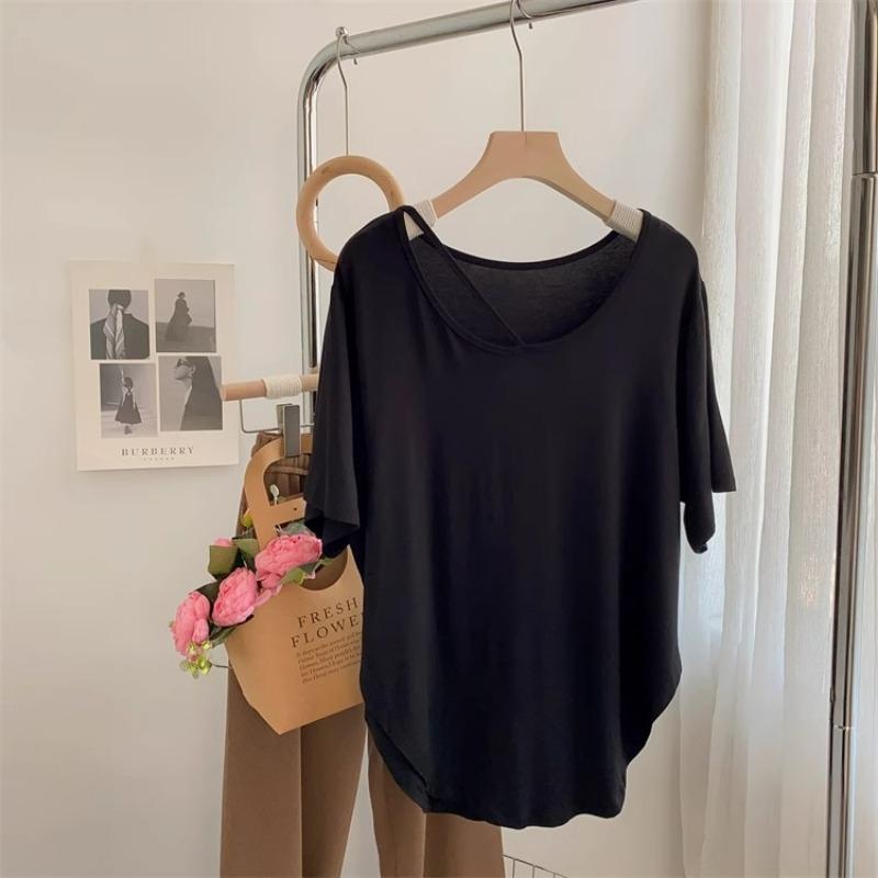 Summer New Irregular Short Sleeved Plus Size T-shirt for Women Fashion Elegant Round Neck Casual T Shirt Female Solid Simple Loose Lady Tee Tops 24287