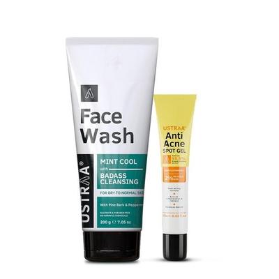Face Wash - Mint Cool - Dry Skin - 200g | Reduces Moisture Loss | Removes Dirt & Anti-Acne Spot Gel - 15ml | Reduces 99.9% Pimple-Causing Germs