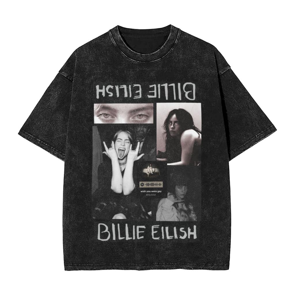Singer BBillieGirl Eeilish Music Vintage Washed T Shirt Unisex Cotton Clothes Printed Round Neck Short Sleeve
