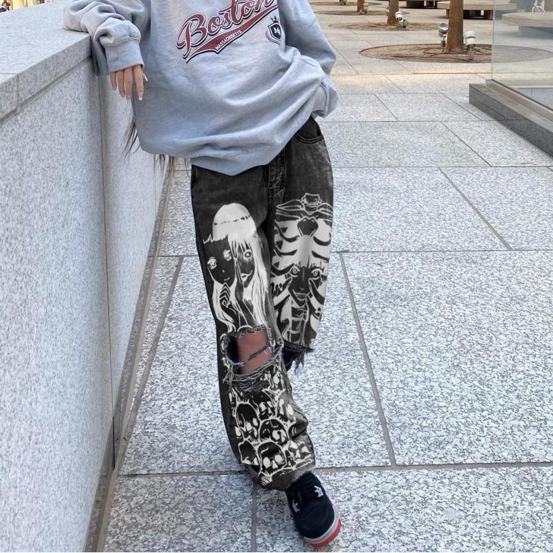Dámské džíny s vysokým pasem a širokými nohavicemi, roztrhané, dlouhé, Streetwear, džínové kalhoty, velikost S-3XL