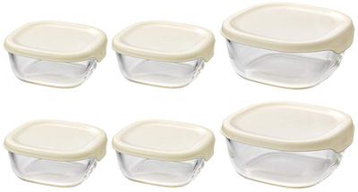 HARIO Förvaringsset i Glas med Helt Värmetåliga Behållare, 6 delar, 250/600 ml Kapacitet, Off-White, Japan, KST-2012-OW