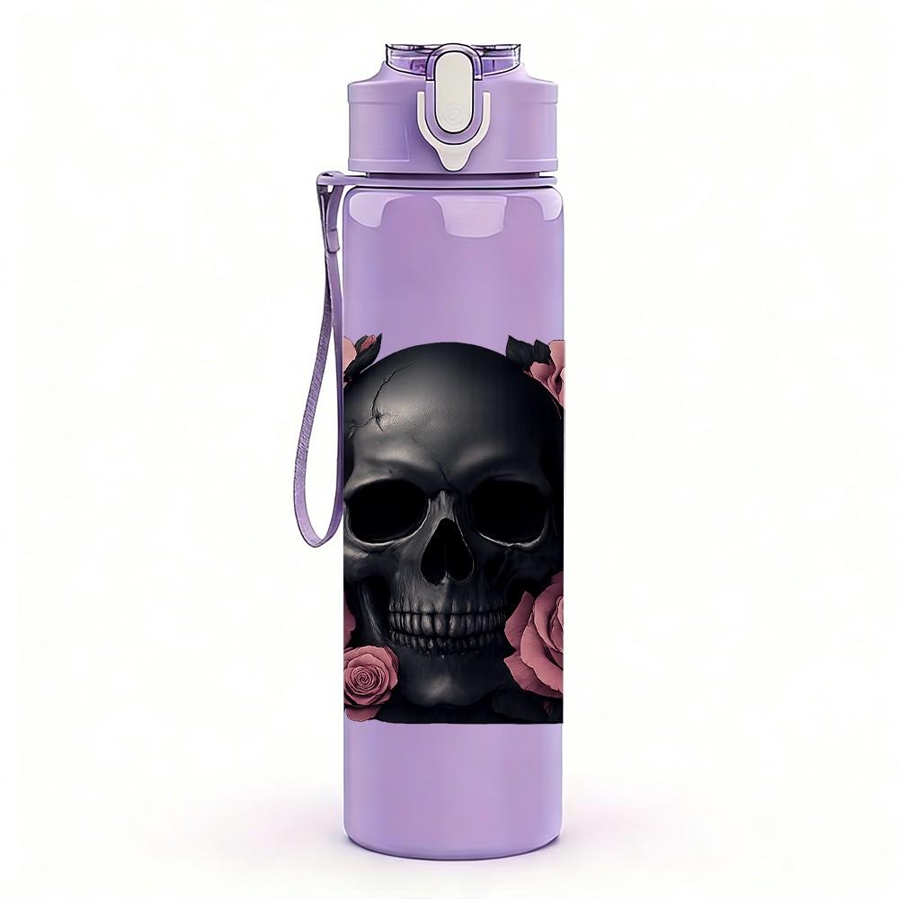 1PC Black Skull Pink Rose Floral Print 750ml Color Plastic Sports Water Bottle Leakproof Flip Straw Lid Suitable for Sports Office Home Use