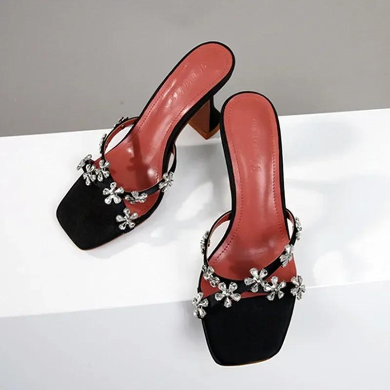 Fashion Shiny Crystal Flowers Decorative Women's Sandals 2025 Elegant High Heeled Slide Sandals for Women Cross Strap Summer High Heels