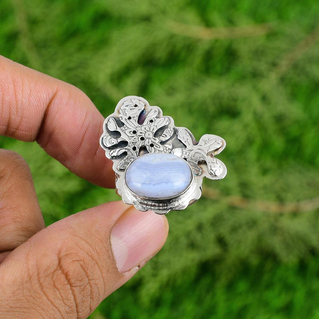 Natural Blue Lace Agate Gemstone 925 Silver Promise Adjustable Ring For Girls
