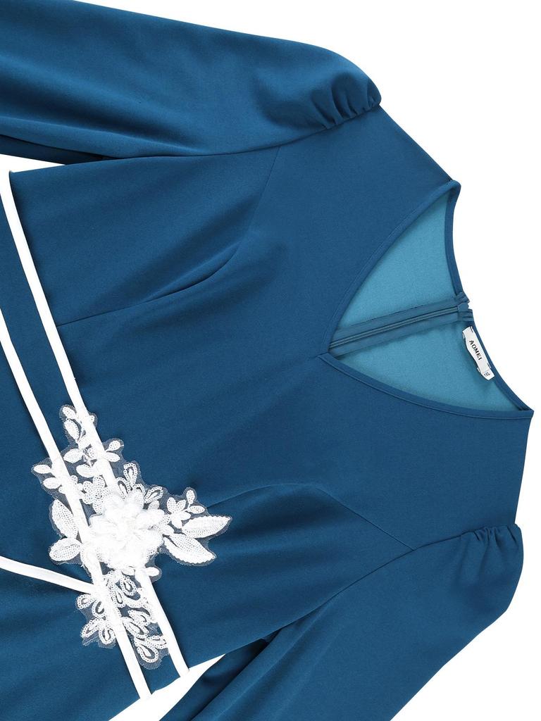 Plus Size Women's Navy V-Neck Long Sleeve Ruffle Dress, Waist-Cinched and Elegant with Pleated Skirt