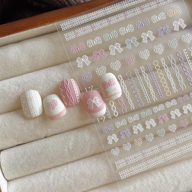 Embossed Knitting Bow Nail Stickers Love Heart Bow Self Adhesive Nail Art Decorations Decals Accessory