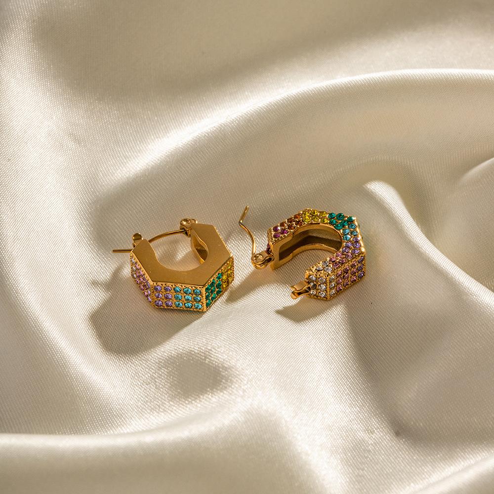 Luxury Diamond Cubic Zircon Earrings Stainless Steel Jewelry Gold Hoops Geometric Hoop Earrings