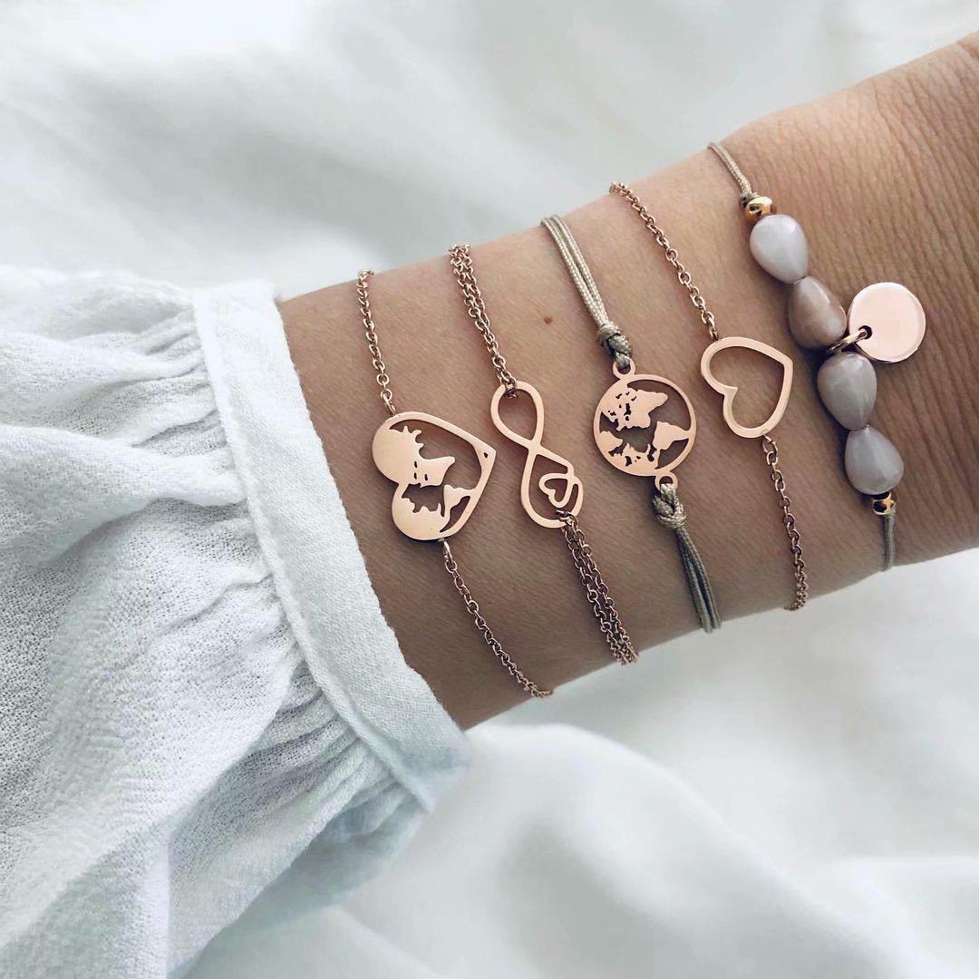 Trendy Women s Heart Earth Bead Bracelet Set - European  American Street Style Fashion Alloy