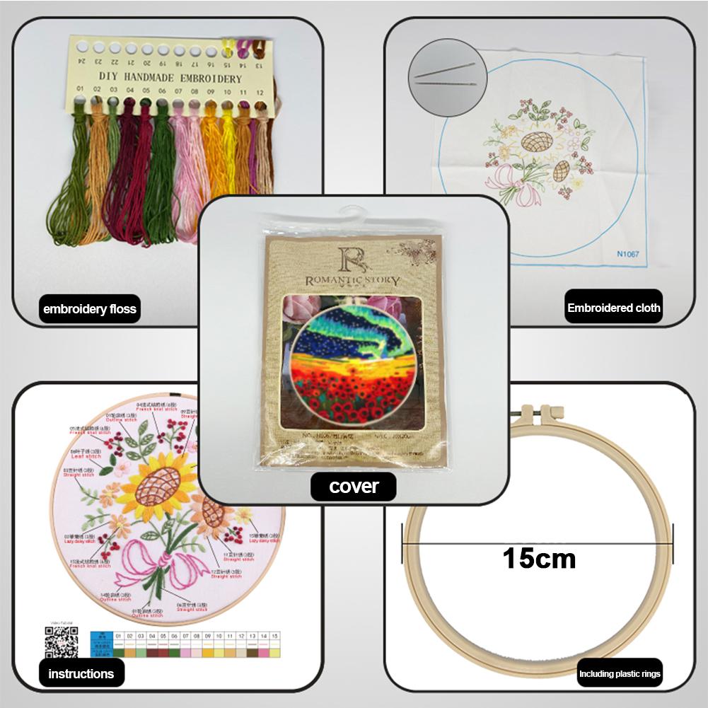 Flowers Stamped Cross Stitch Embroidery Kits with Hoop Cloth Color Thread