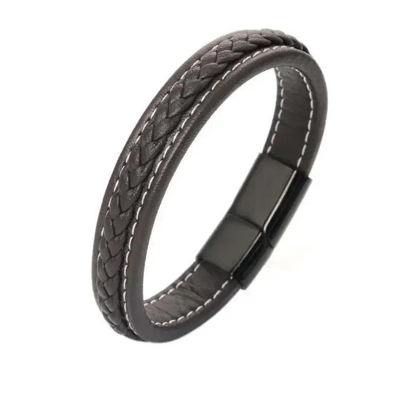 Vintage Handwoven Black Leather Bracelet with High Quality Metal Buckle Suitable for Men\'s Personalized Charm Wristband Jewelry