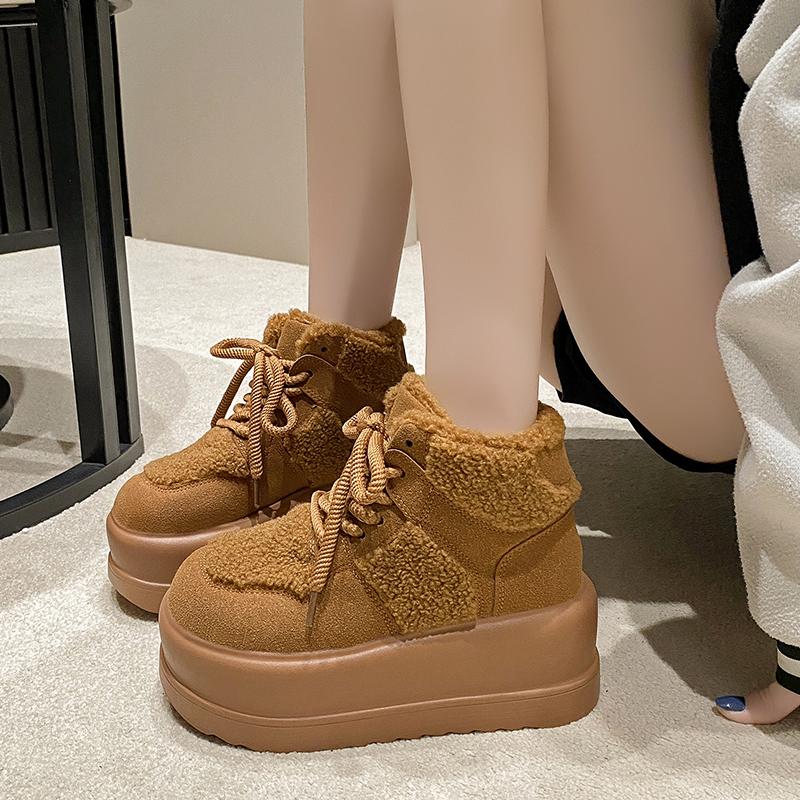 Cizme de zăpadă calde la modă pentru femei 2024 pantofi căptușiți din bumbac cu pluș de iarnă femei cu toc înalt 7 cm pantofi din piele cu platformă gros