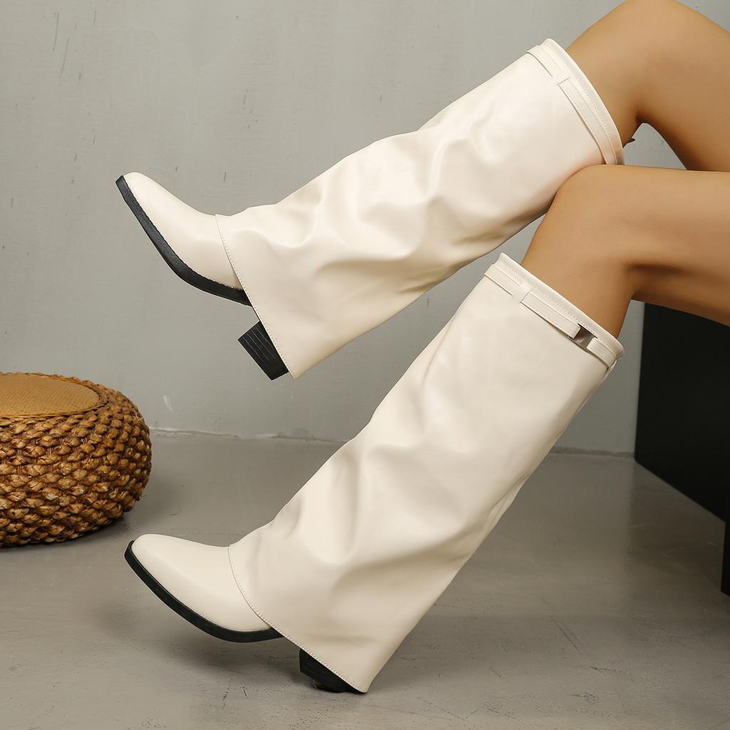 Large size pleated high-heeled fashion boots for women 2025 autumn and winter new thick-heeled British style high-leg pants boots for women