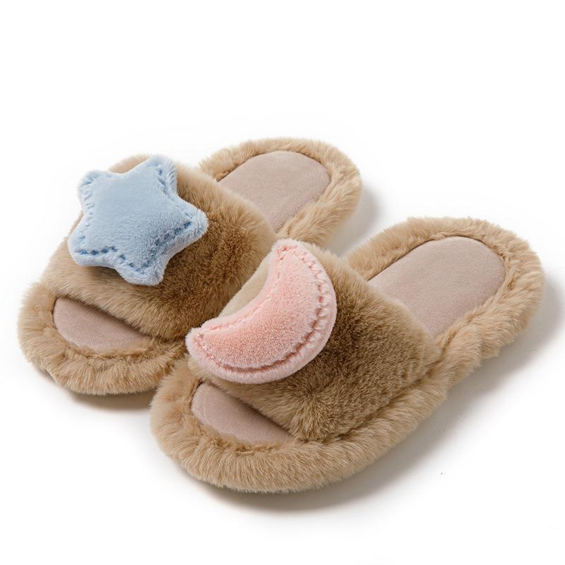 Elegant Star and Moon Color Collision Opening Cotton Slippers Winter Home Indoor Plush Slippers Female Warm Fur Slippers Female Home Shoes Slippers