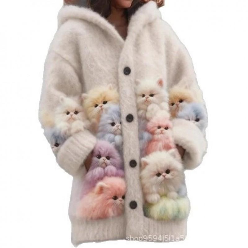 Womens 3D Cat Print Hooded Cardigan Sweater Coat Long Sleeve Thick Casual Outerwear