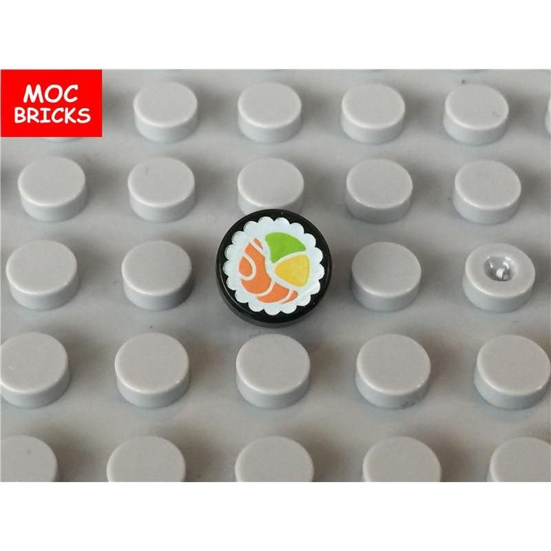 100pcs/lot MOC Bricks Tile Round 1 X 1 with Sushi Salmon Maki Roll Pattern Fit with 98138pb038 Building Blocks DIY Toys Gifts